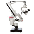 A refurbished Leica M520 / OH3 surgical microscope with a white and black color scheme, positioned on a stand.