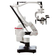 A refurbished Leica M520 / OH3 surgical microscope with a white and black color scheme, positioned on a stand.
