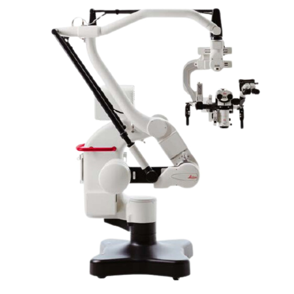 A refurbished Leica M520 / OH3 surgical microscope with a white and black color scheme, positioned on a stand.