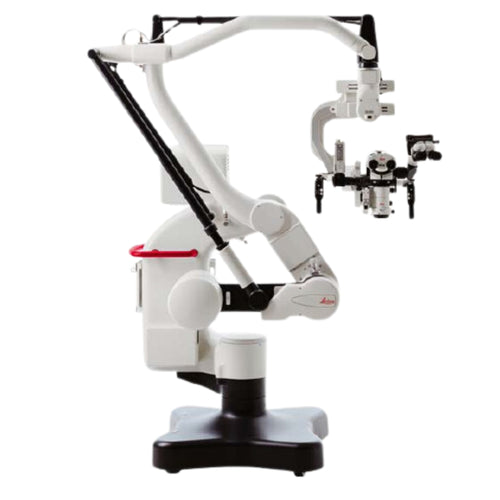 A refurbished Leica M520 / OH3 surgical microscope with a white and black color scheme, positioned on a stand.