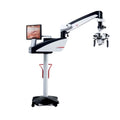 A Leica M525 / F50 Surgical Microscope with a screen and adjustable stand, designed for medical use.